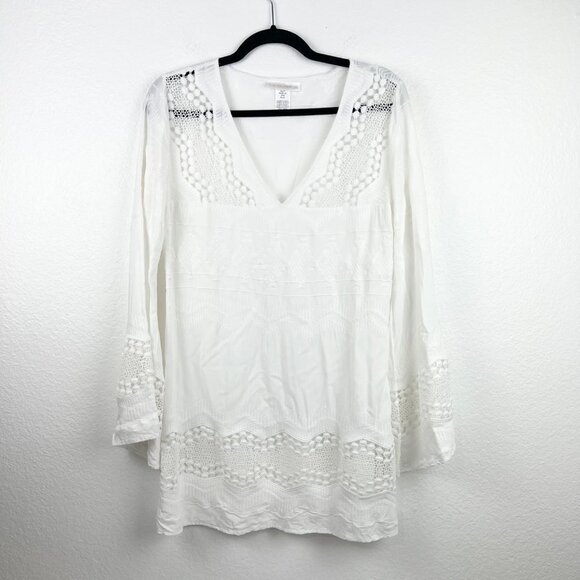 LA BLANCA White Embroidered and Lace V-Neck Swim Cover Up Tunic, Size XS - Picture 3 of 8